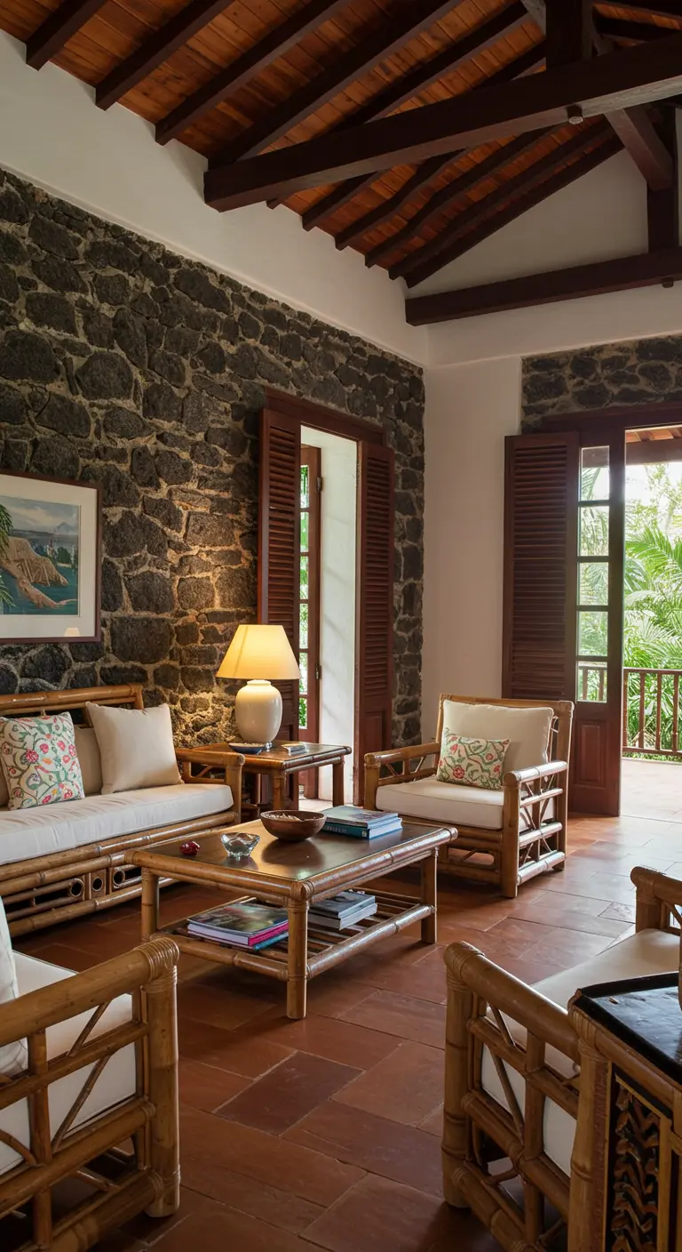 Salón de estilo tropical con pared de piedra volcánica, muebles de bambú y cojines estampados.