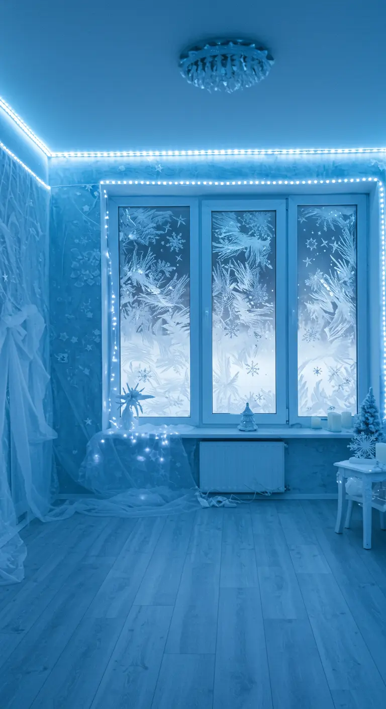 Habitación iluminada en azul con ventanas cubiertas de patrones de escarcha y copos de nieve.