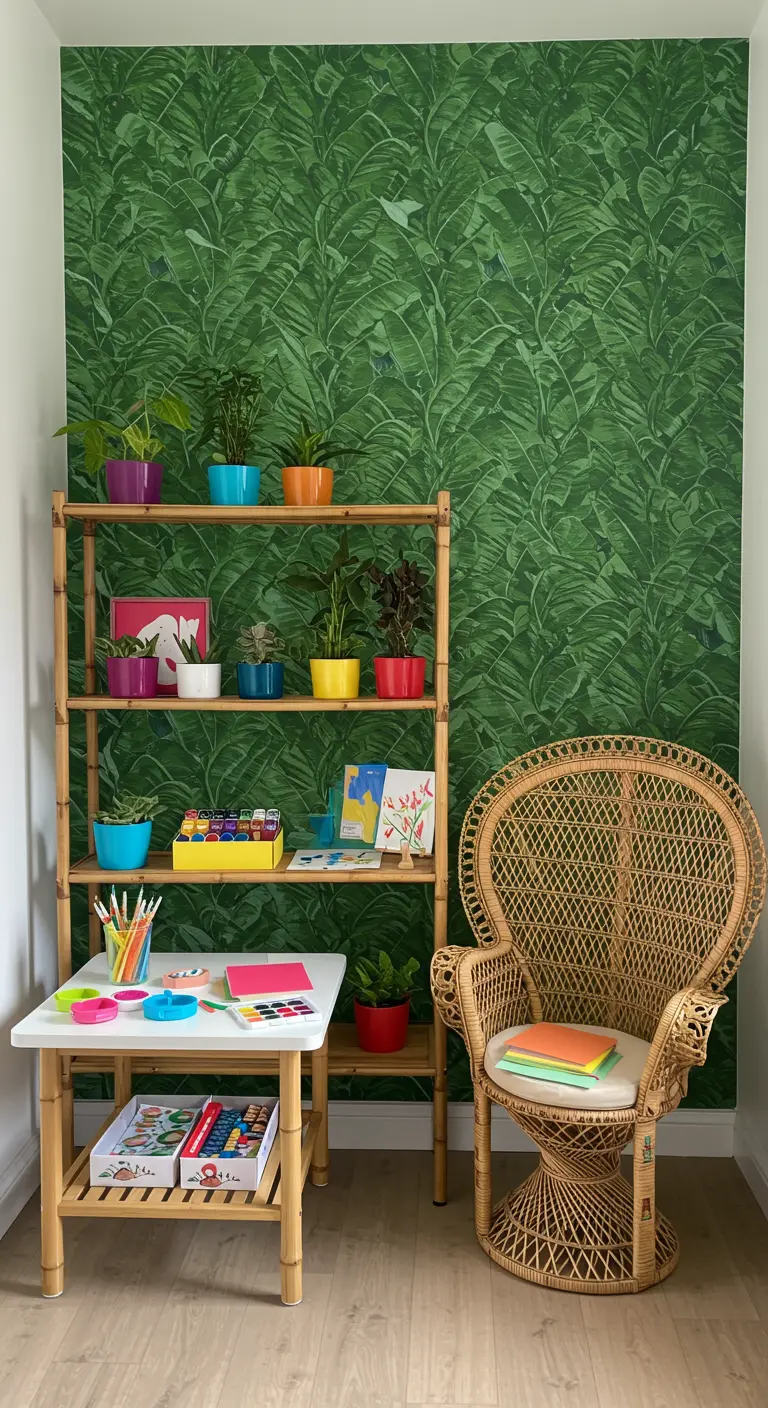 Rincón de arte con temática de jungla, papel pintado de hojas y una estantería de bambú.