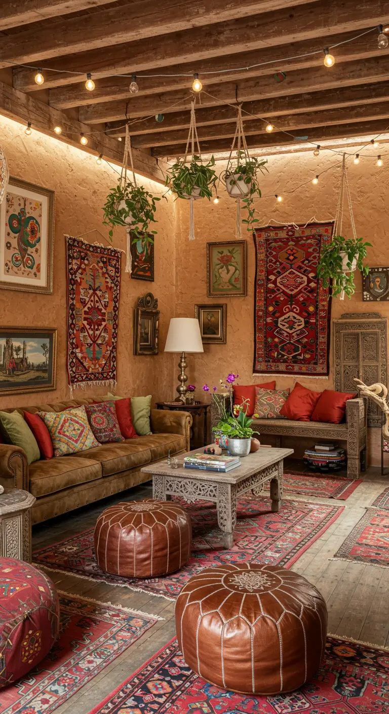 Salón bohemio y ecléctico con paredes terracota, múltiples alfombras y plantas colgantes.