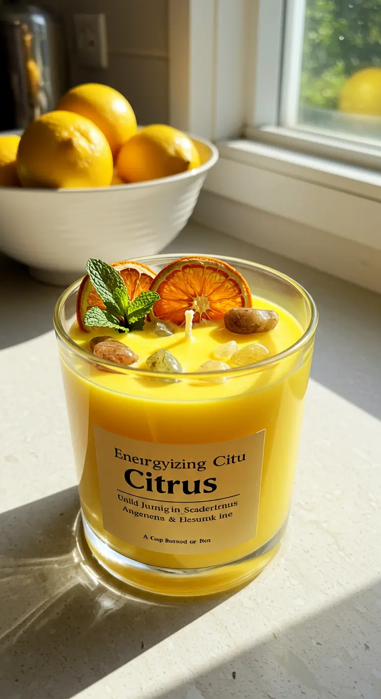 Vela amarilla en un vaso de cristal decorada con rodajas de naranja seca y menta.