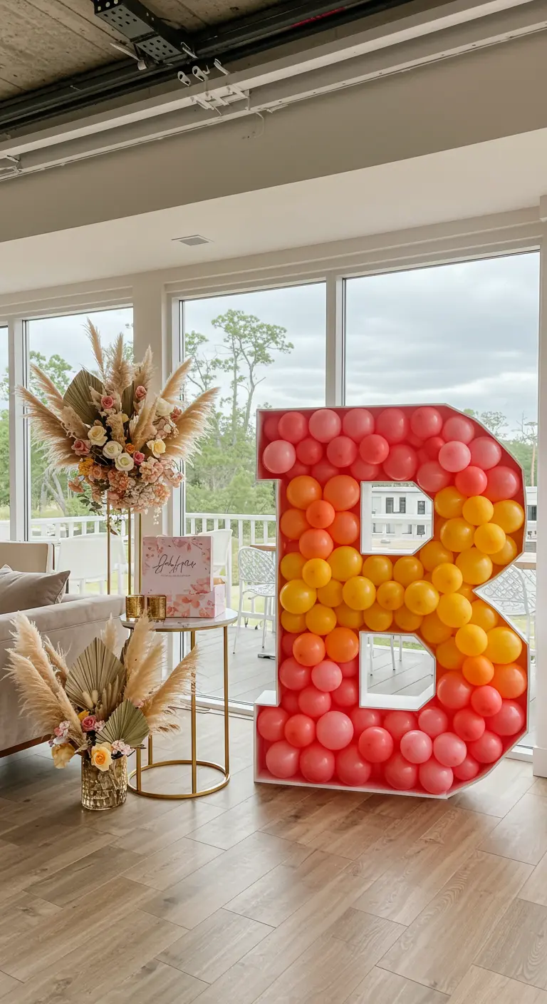 Letra 'B' gigante rellena de globos en tonos degradados de rosa, naranja y amarillo.