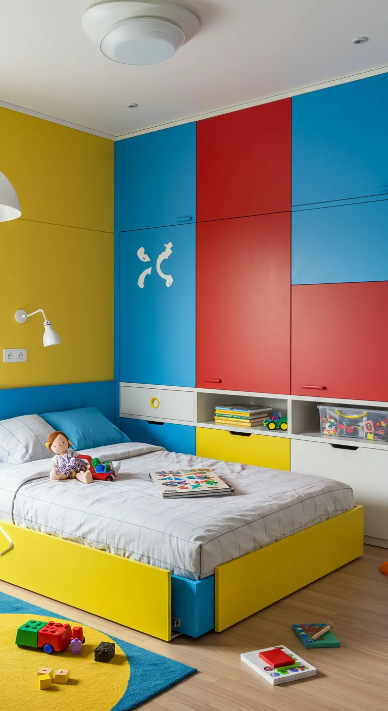 Dormitorio infantil con cama y almacenamiento integrado en bloques de colores primarios.
