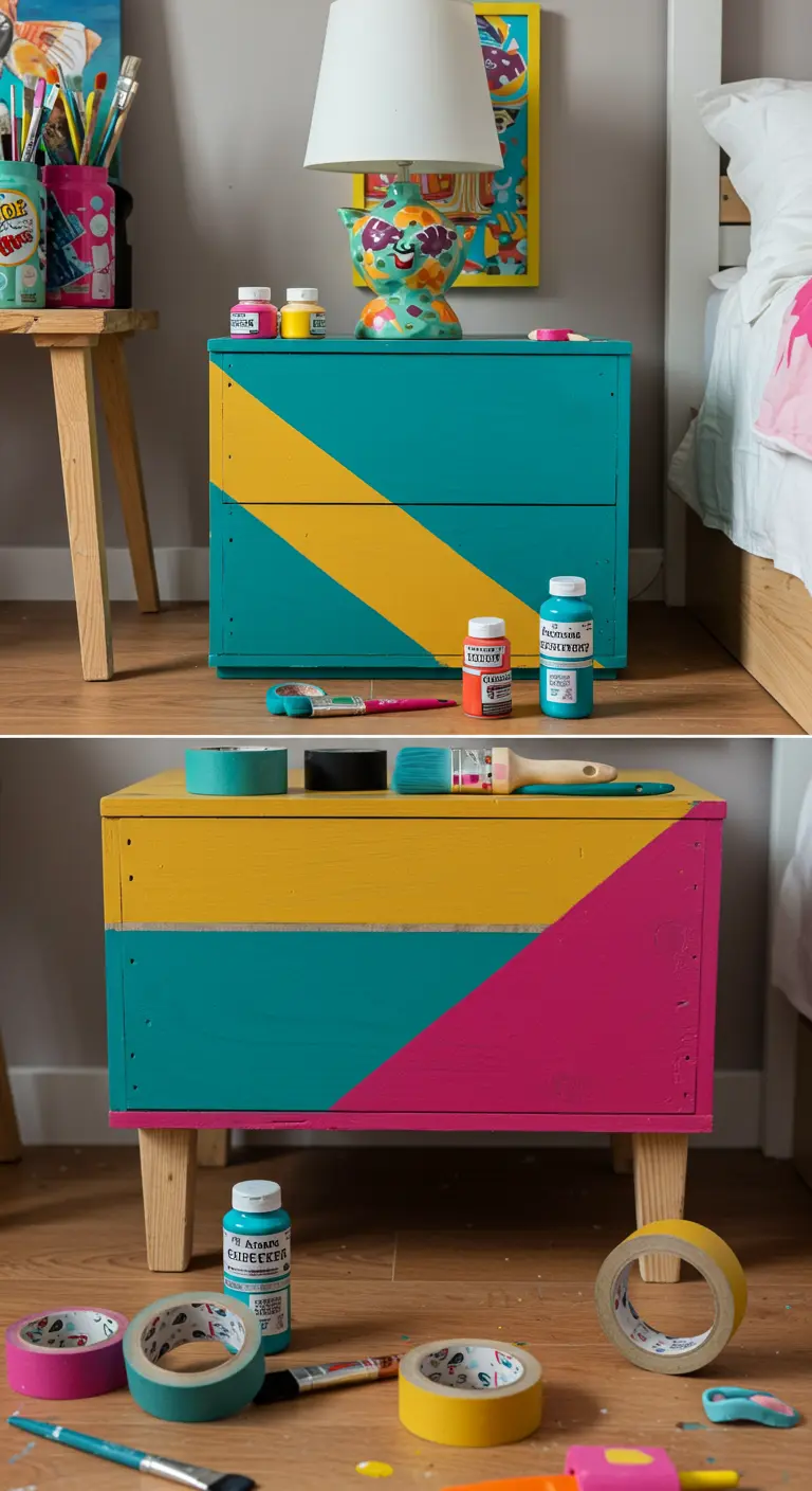 Mesita de noche DIY con un vibrante diseño geométrico en turquesa, amarillo y fucsia.