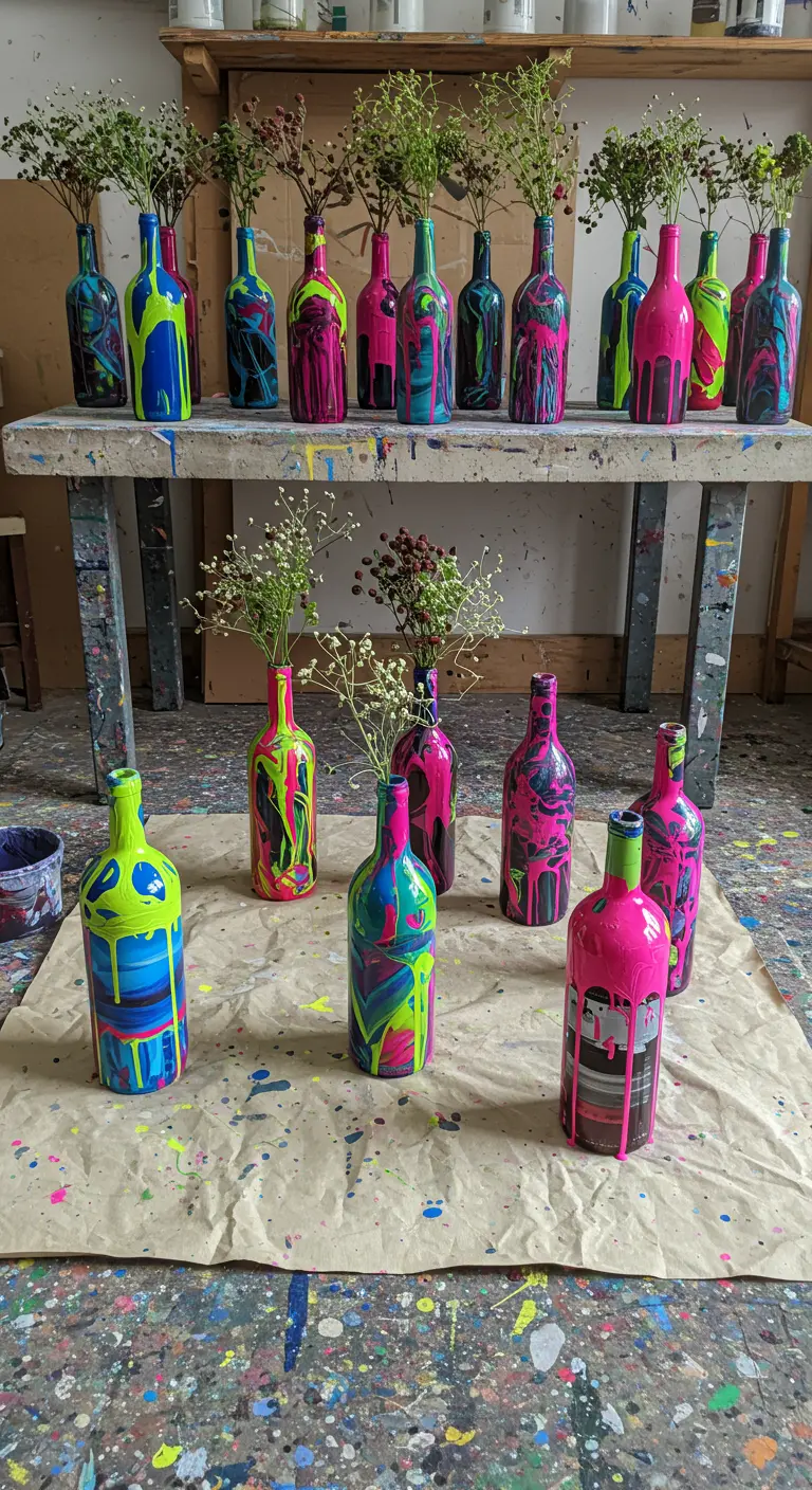 Botellas de vino decoradas con la técnica de vertido de pintura acrílica en colores neón vibrantes.