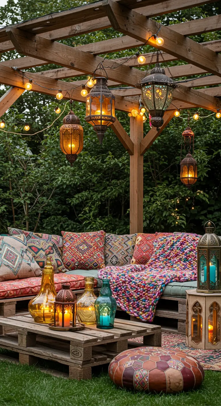 Patio bohemio bajo una pérgola de madera, con cojines de colores, manta de pompones y faroles árabes.