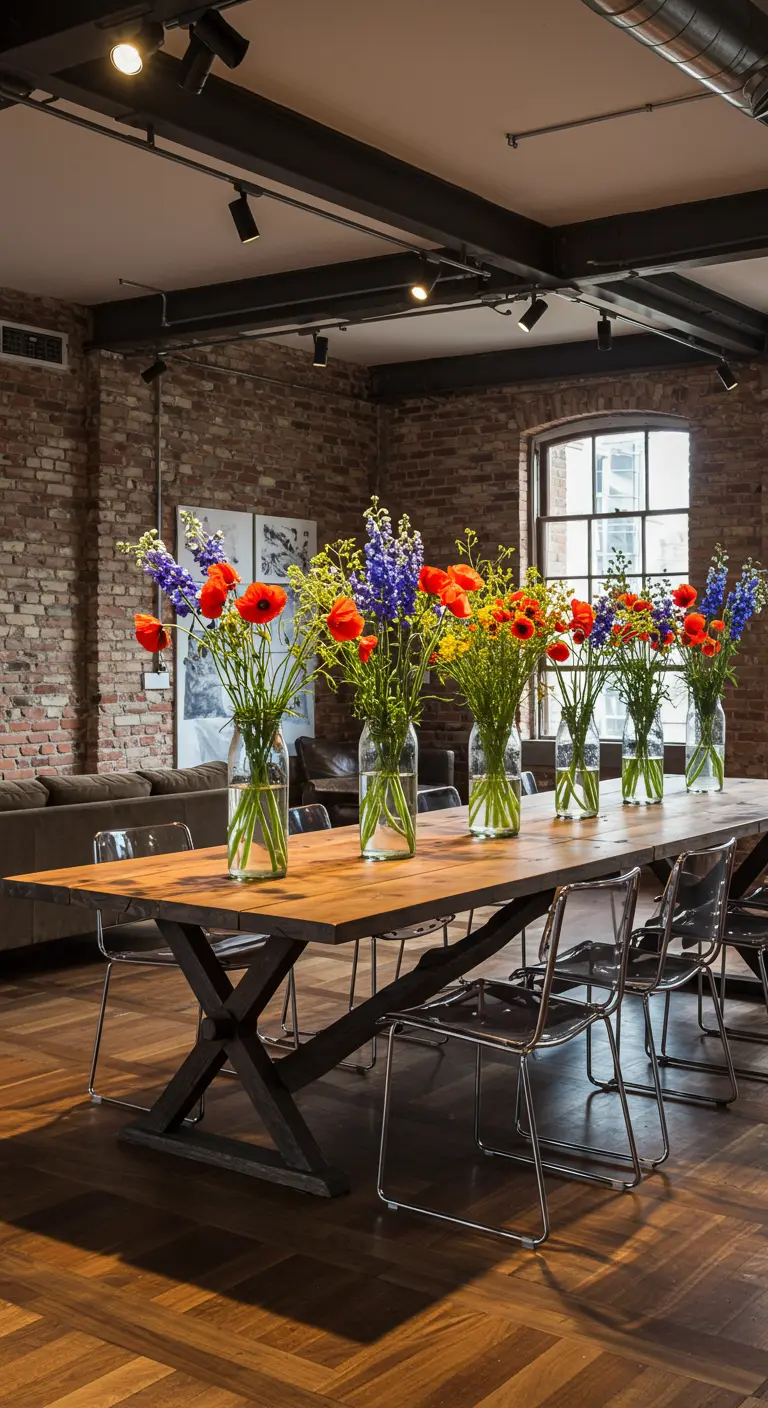 Mesa de comedor en un loft industrial, decorada con jarrones altos y flores rojas y azules.