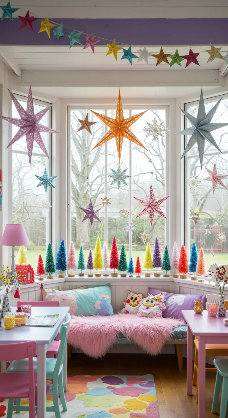Habitación infantil muy colorida con estrellas de papel de colores colgando en una ventana tipo mirador.