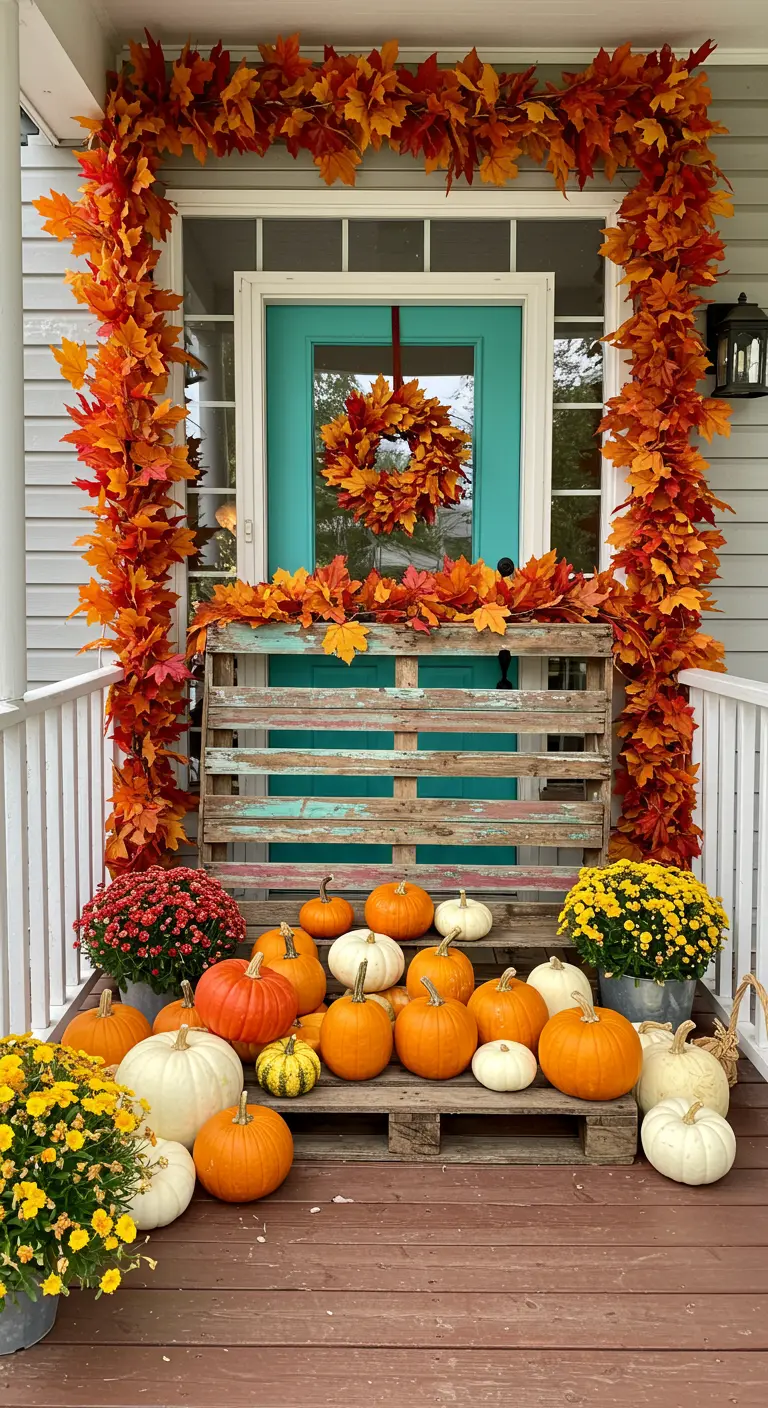 Puerta turquesa enmarcada por guirnaldas de hojas naranjas, con un palet y calabazas delante.