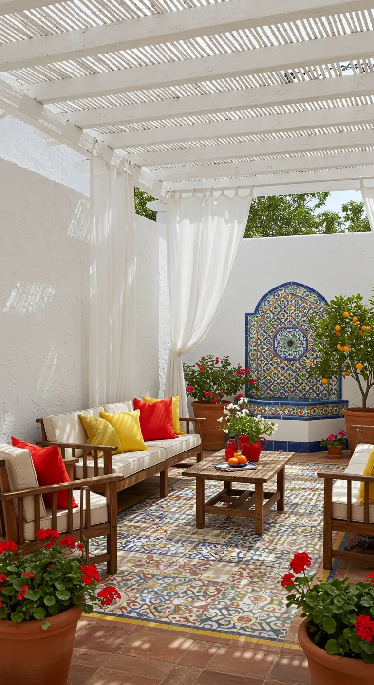 Patio de estilo andaluz con pérgola blanca, fuente de mosaicos y cojines de colores vivos.