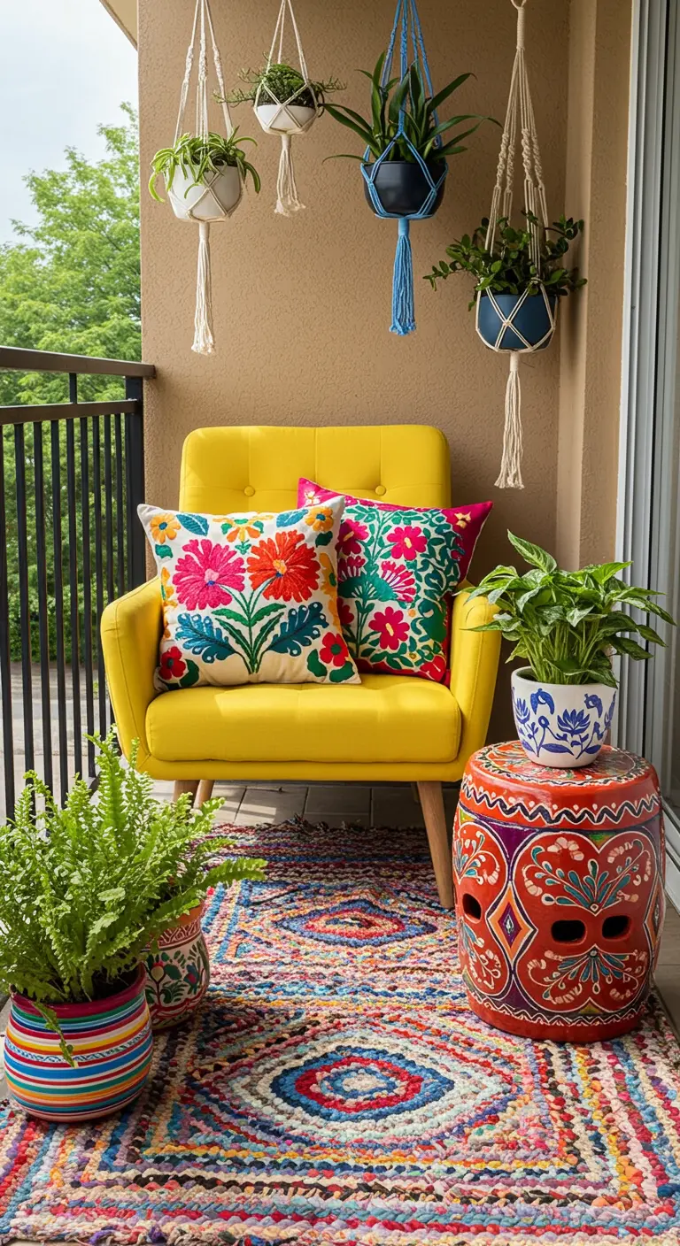Balcón colorido con sillón amarillo, cojines bordados, alfombra étnica y maceteros de macramé.