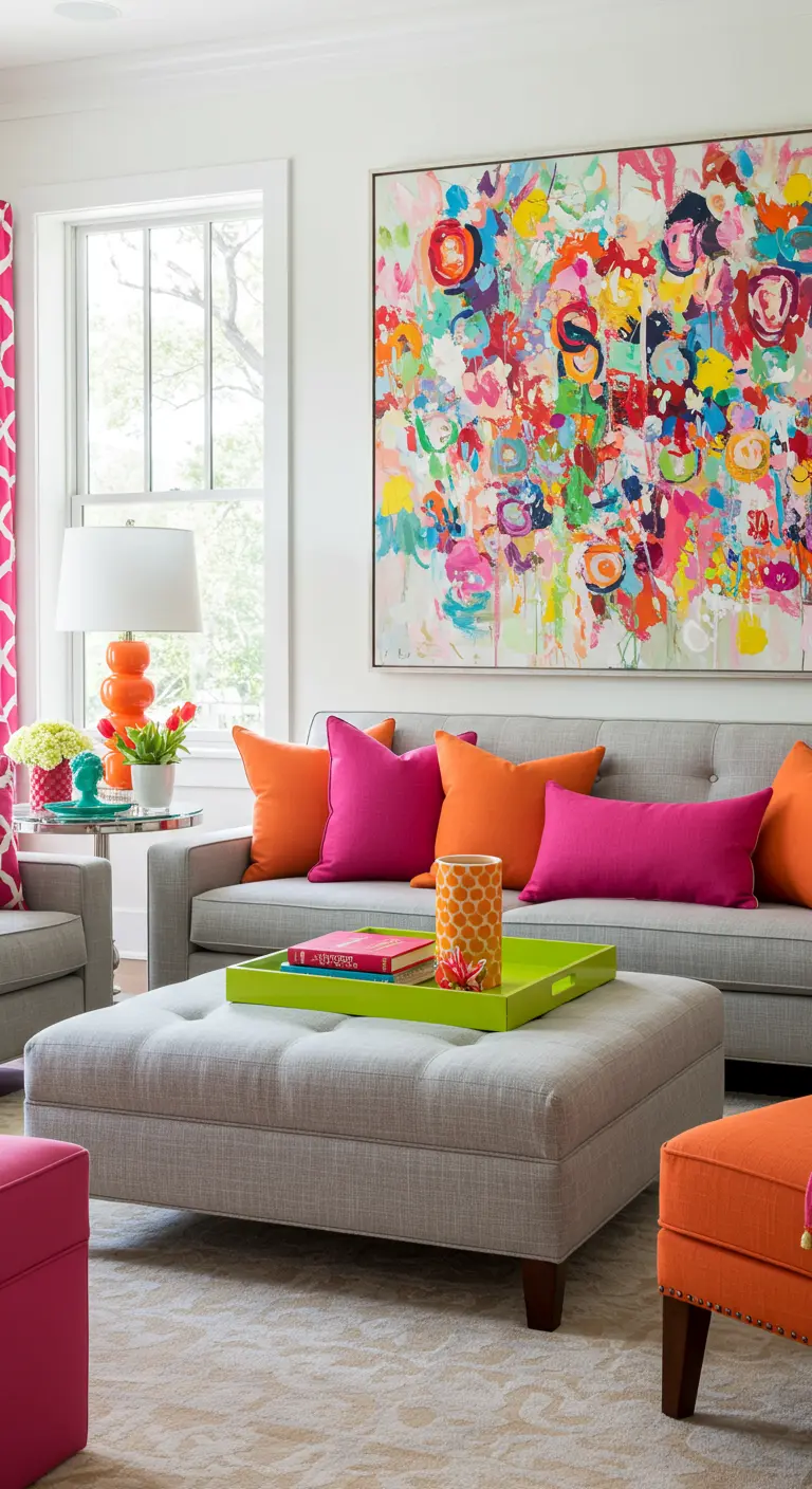 Sala de estar gris con cojines de colores vibrantes como fucsia y naranja y un cuadro abstracto.