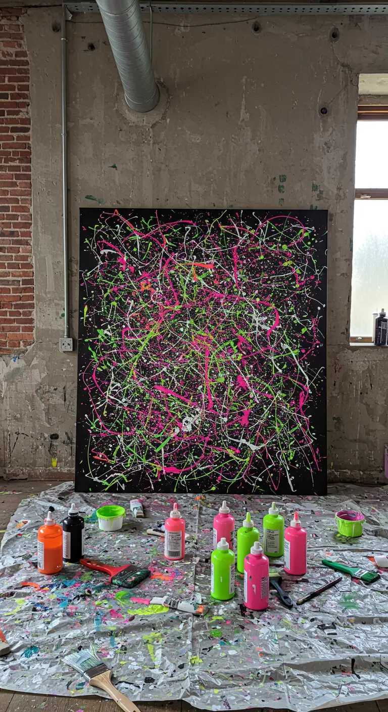 Gran lienzo negro cubierto de salpicaduras de pintura neón en rosa, verde y blanco.