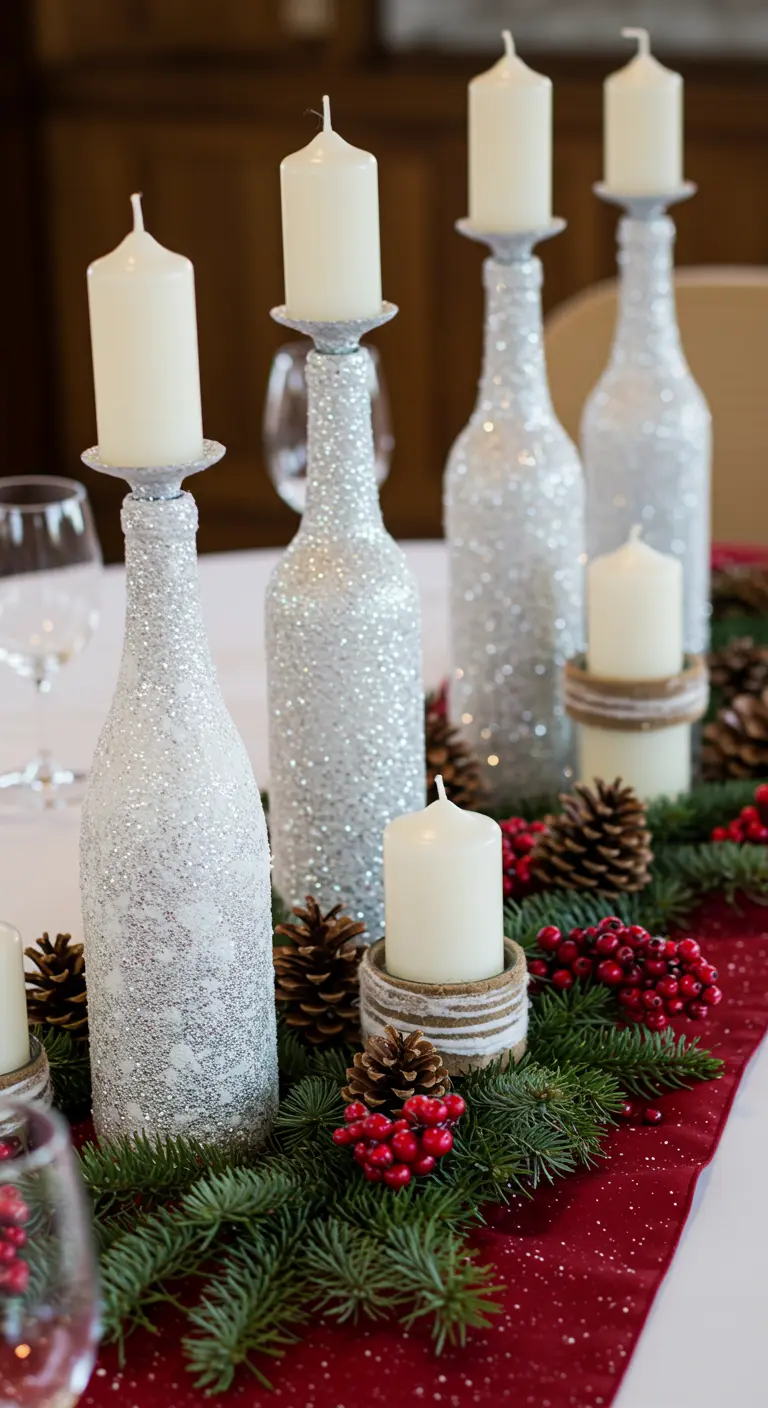Centro de mesa navideño con botellas cubiertas de purpurina plateada y velas blancas.