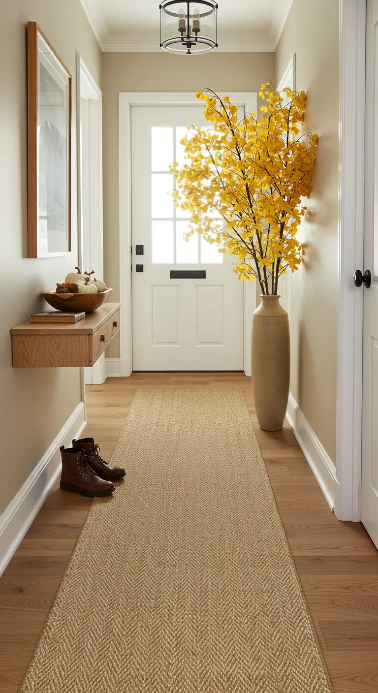 Pasillo estrecho con una consola flotante y un gran jarrón en el suelo con ramas de hojas amarillas.