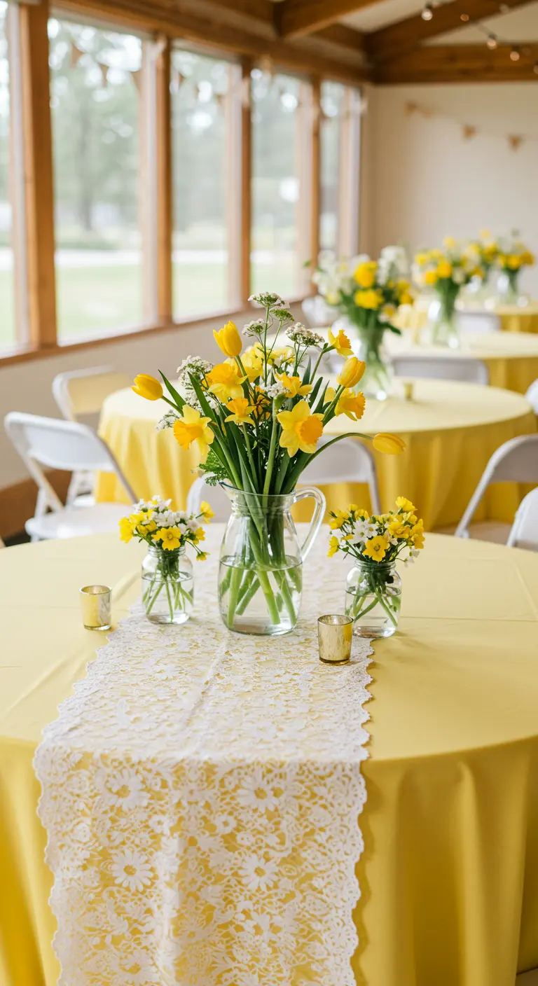Mesa de boda con mantel amarillo, camino de encaje y flores amarillas.
