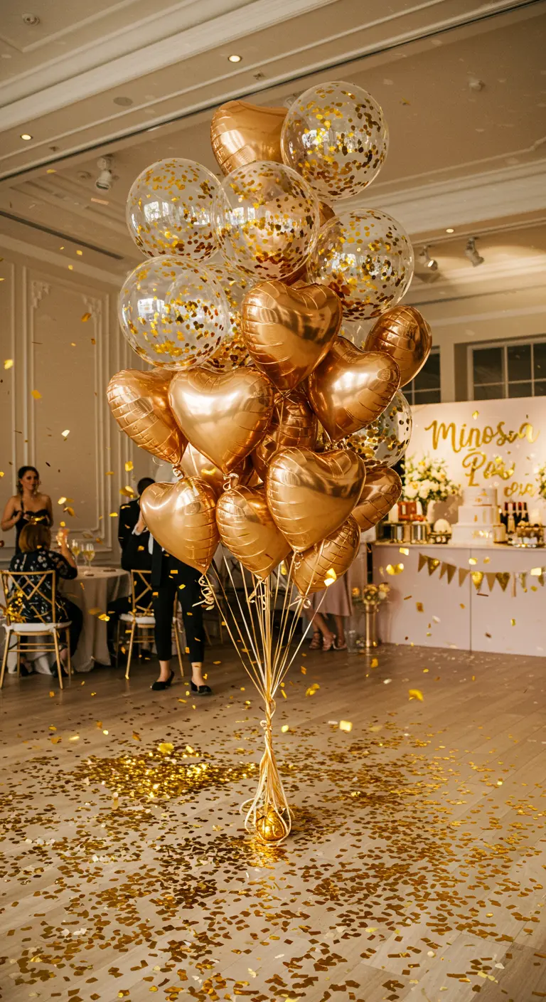 Gran ramo de globos de corazón dorados y globos transparentes con confeti dorado.