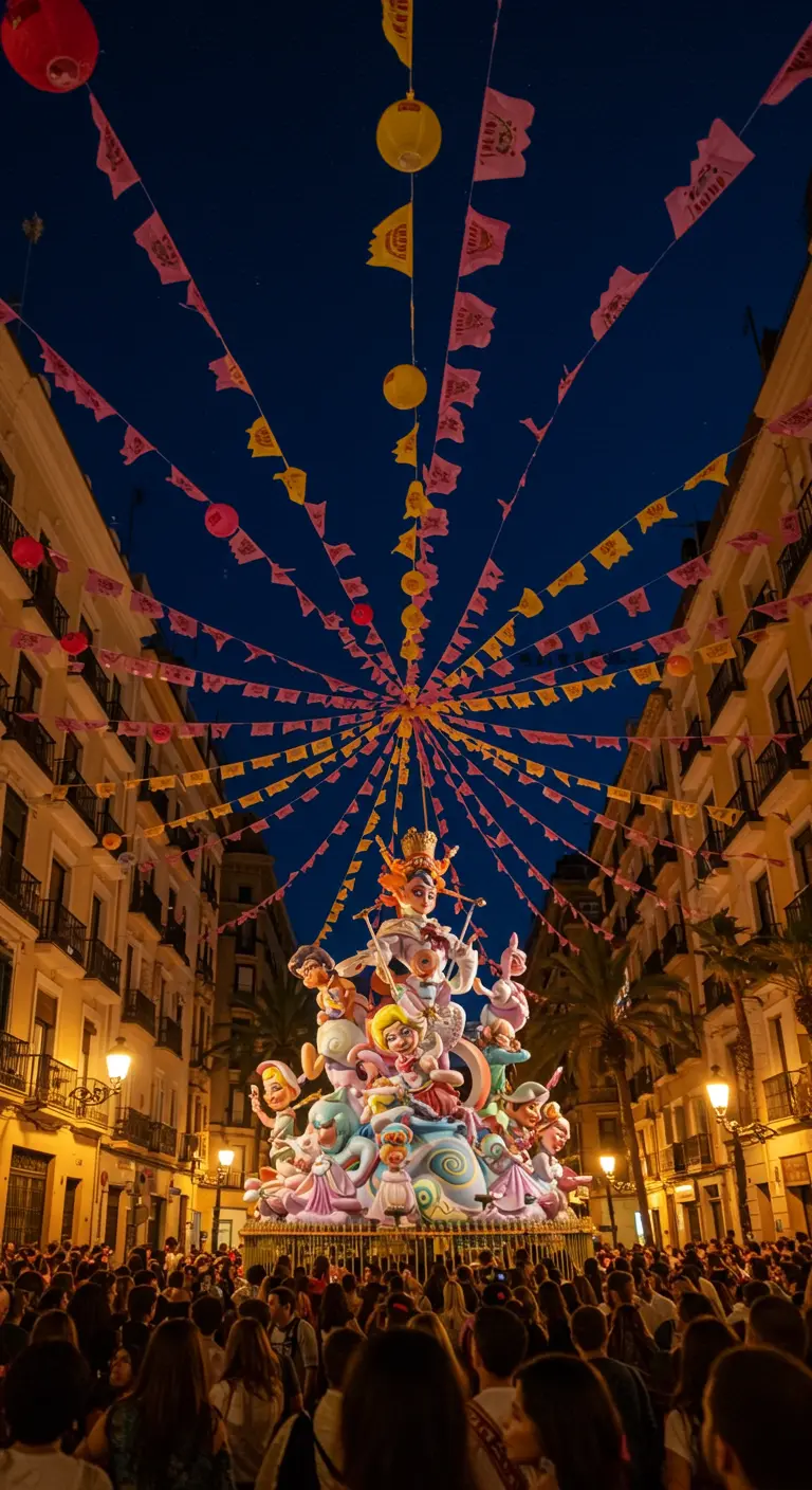 Monumento fallero de noche bajo un dosel de banderines rosados y amarillos.