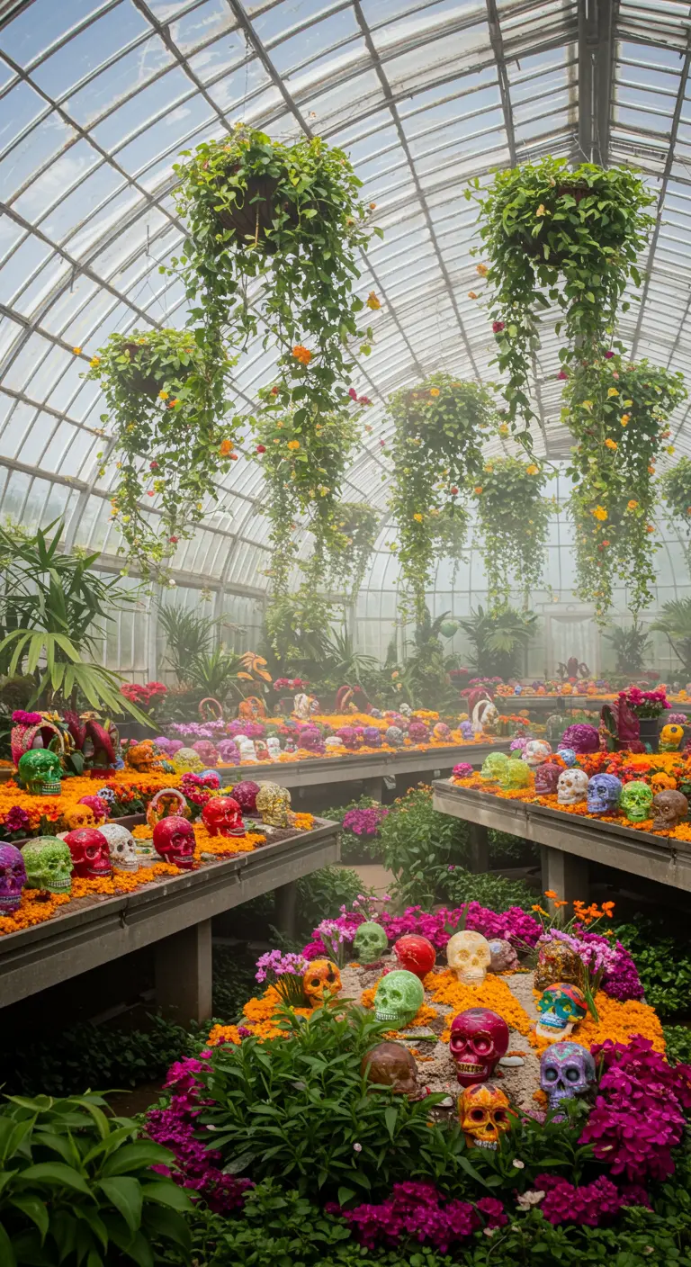 Invernadero lleno de flores y calaveras de azúcar de colores vibrantes.
