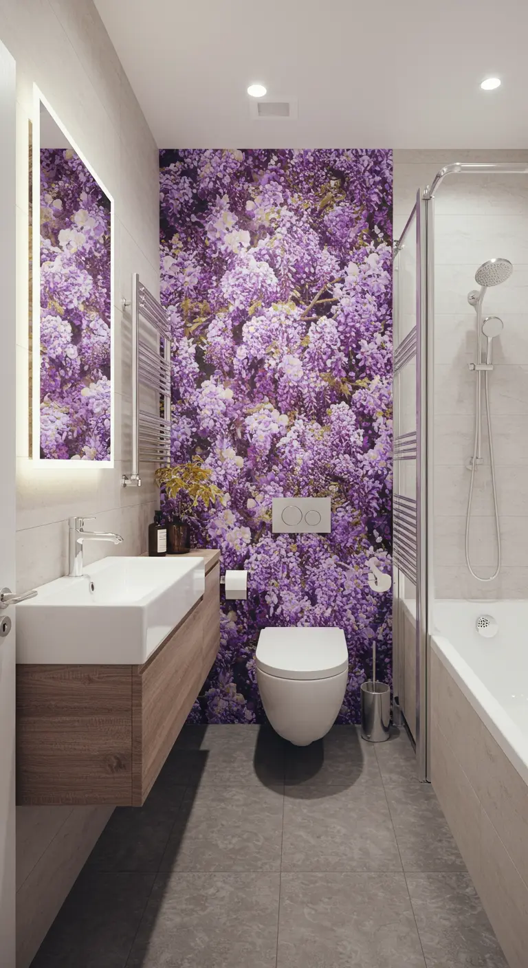Baño moderno con una pared de acento cubierta por un papel pintado de flores de glicina moradas.