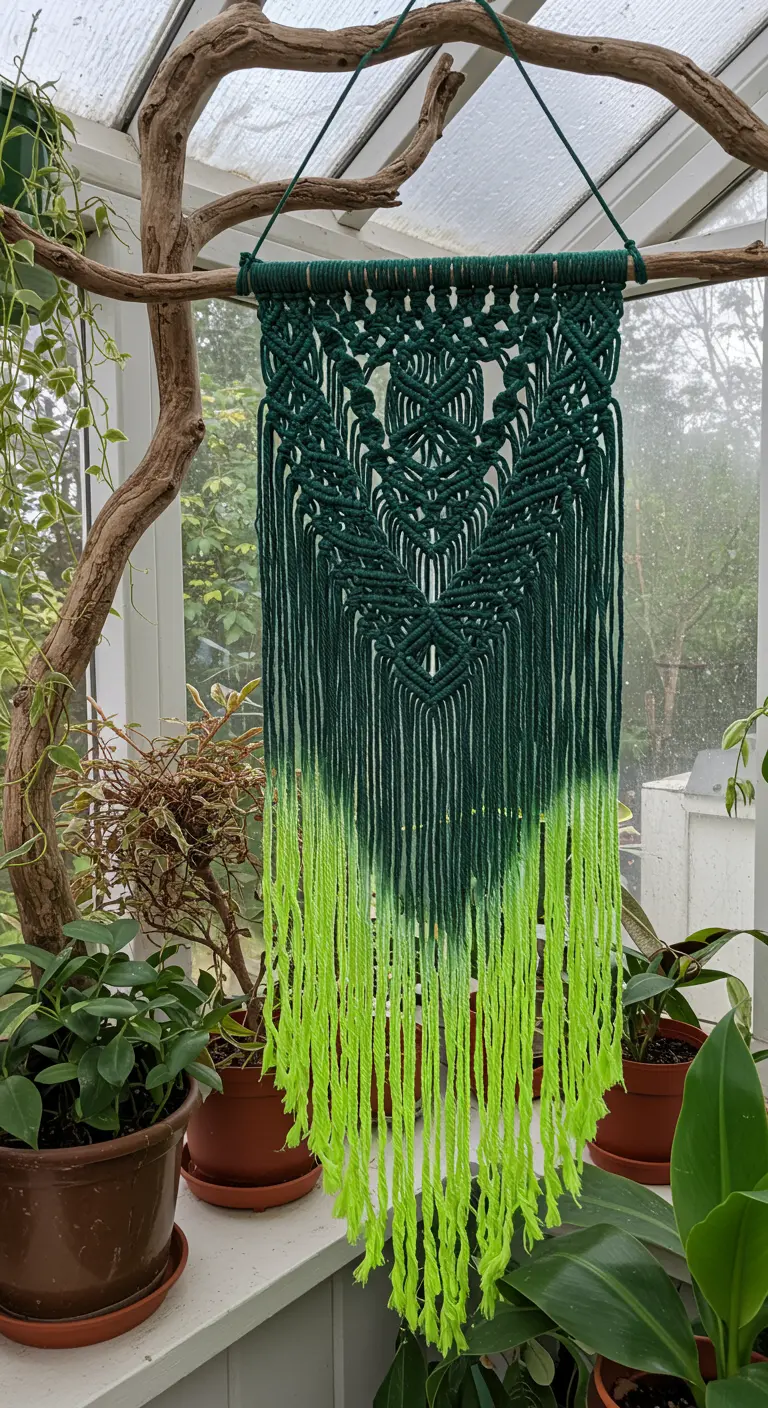Tapiz de macramé largo con un degradado de verde oscuro a verde neón, en un invernadero con plantas.