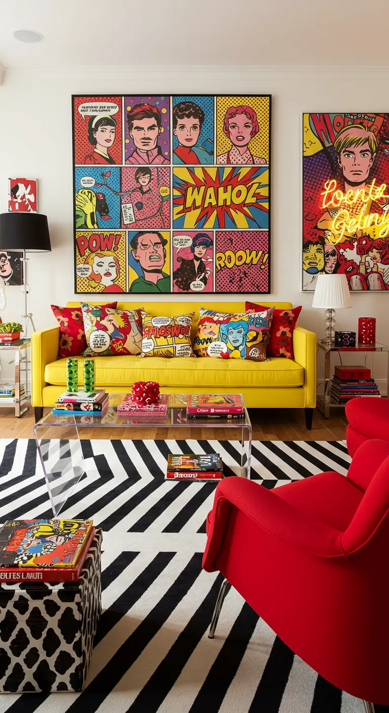 Sala de estar estilo pop art con sofá amarillo, gran cuadro de cómic y alfombra de chevron.
