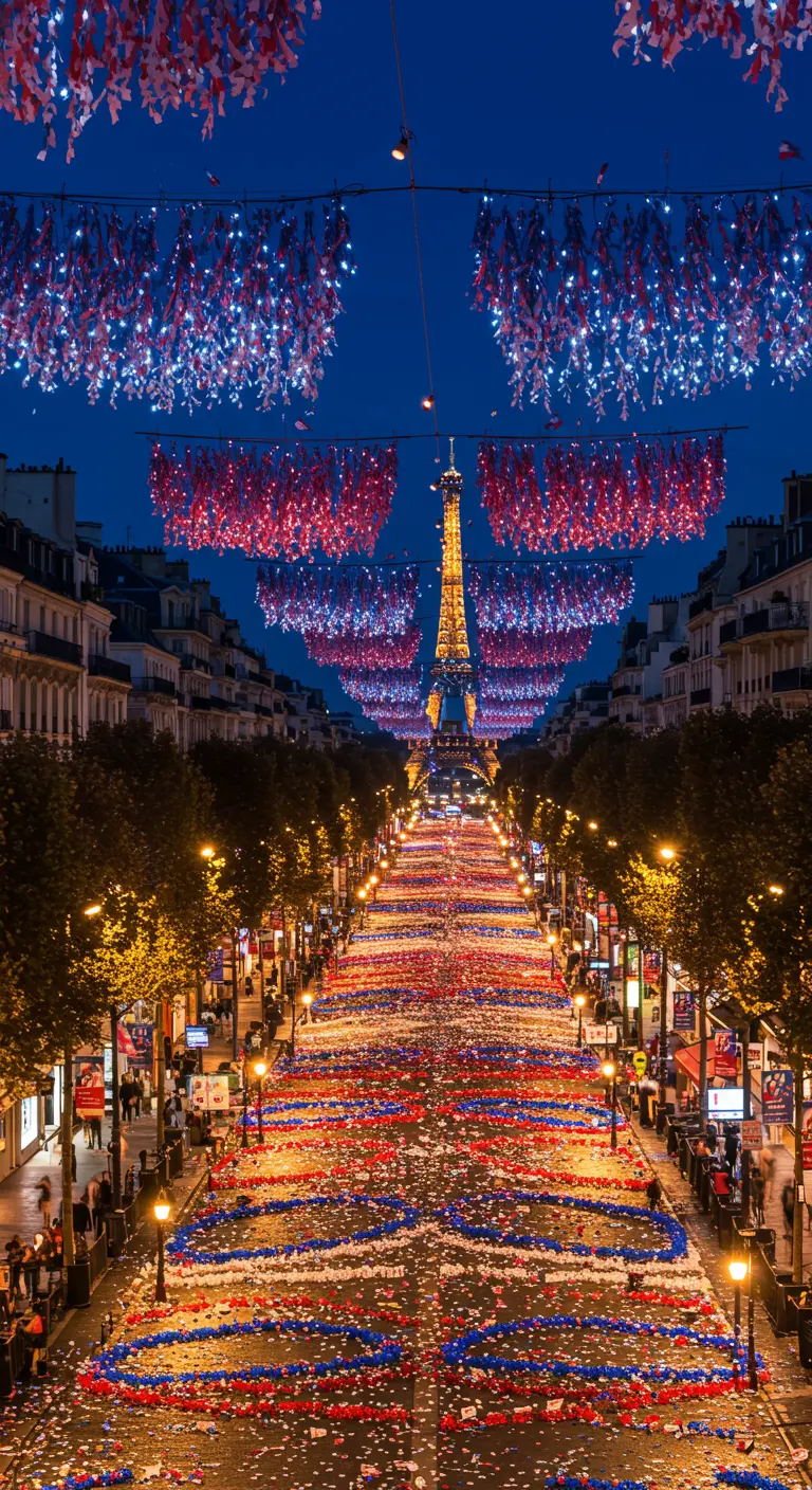 Celebración nocturna en París con decoraciones en rojo, blanco y azul y la Torre Eiffel.