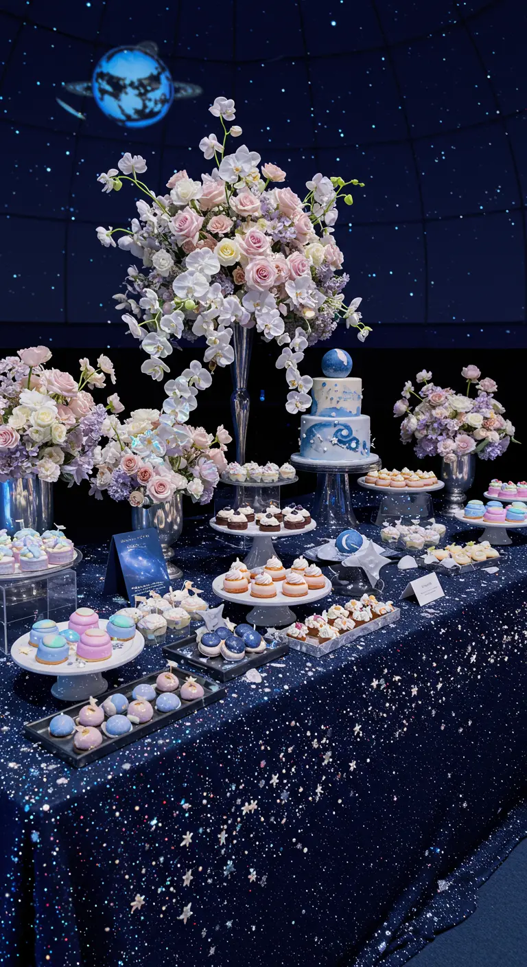 Mesa de postres con temática celestial, mantel de estrellas y un pastel decorado con planetas.