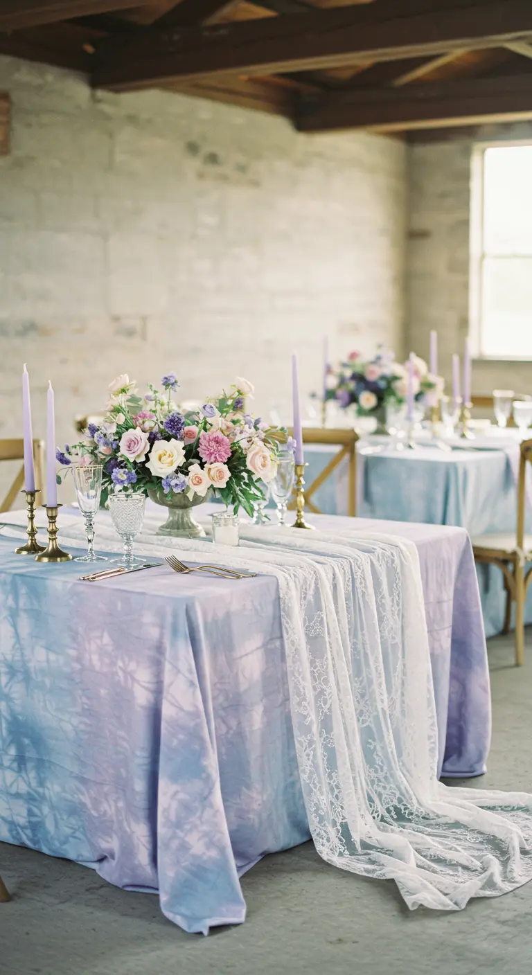 Mesa con mantel tie-dye en tonos pastel y camino de encaje blanco.