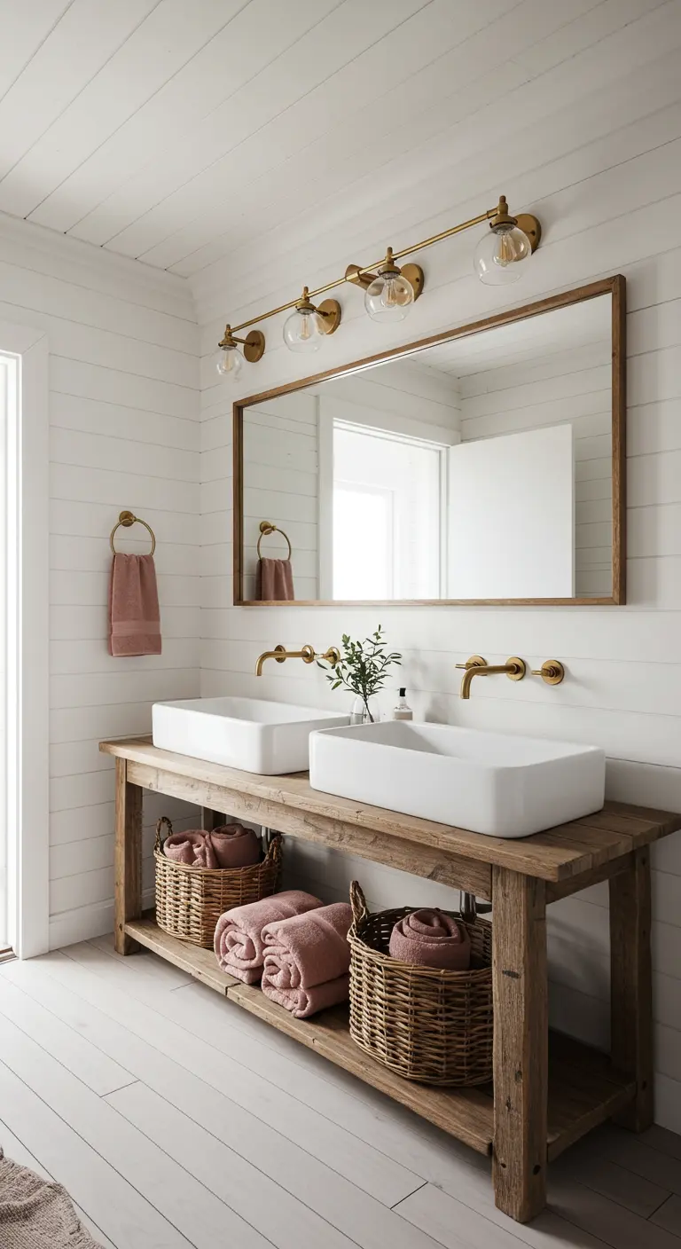 Baño rústico con paredes de machihembrado blanco, doble lavabo y toallas rosas.