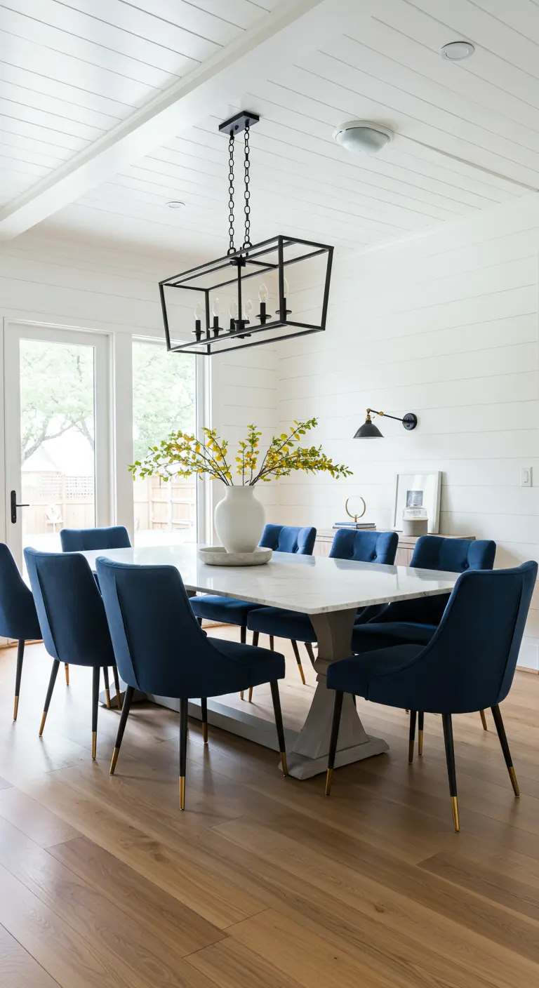 Comedor de estilo Modern Farmhouse con paredes de lamas blancas y sillas de terciopelo azul marino