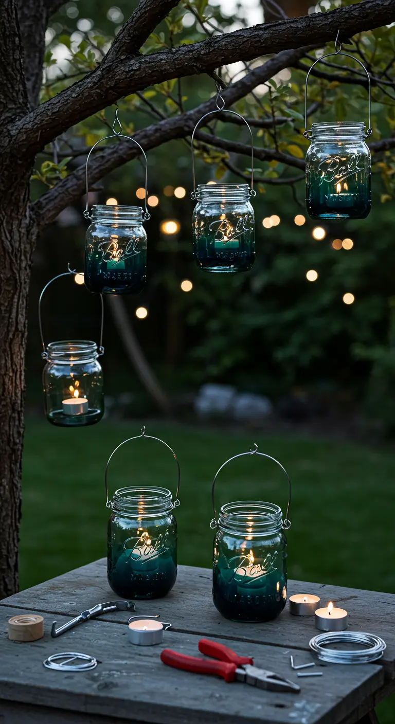 Farolillos colgantes de un árbol, hechos con frascos pintados de verde oscuro y velas.