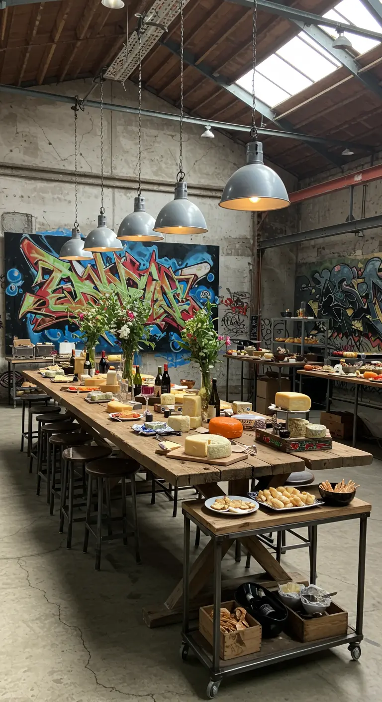 Larga mesa de madera en un almacén industrial con un mural de graffiti.