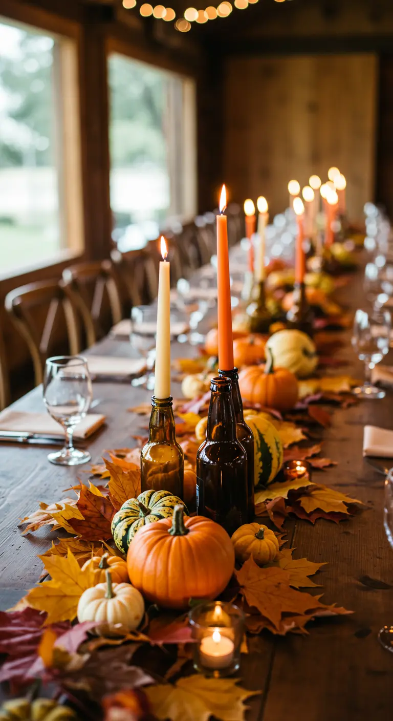 Mesa de comedor otoñal con botellas de cerveza como portavelas, rodeadas de calabazas y hojas.