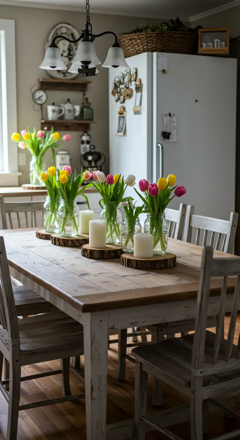 Mesa de comedor de madera con tulipanes de colores en frascos de cristal y velas.
