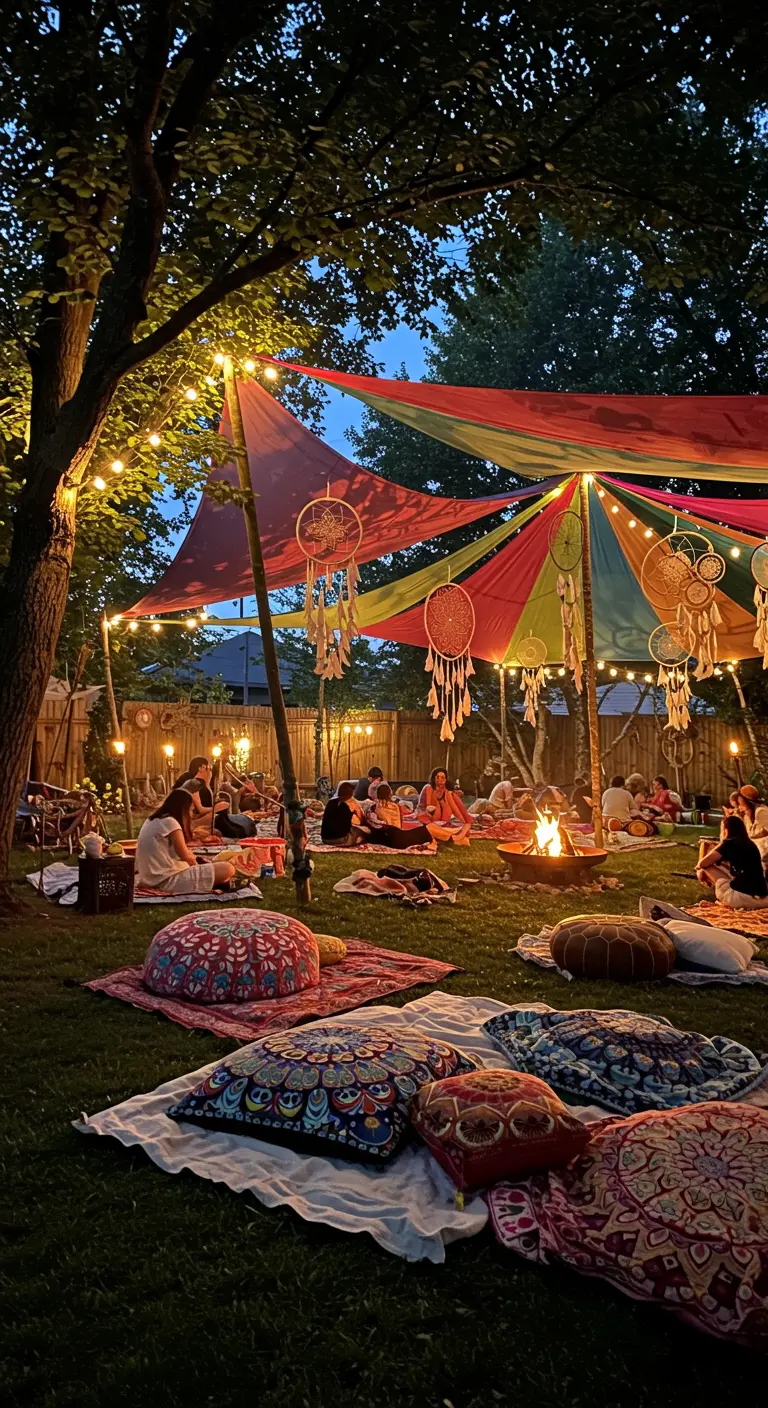 Fiesta en el jardín con una carpa de telas de colores, cojines en el suelo y una hoguera.