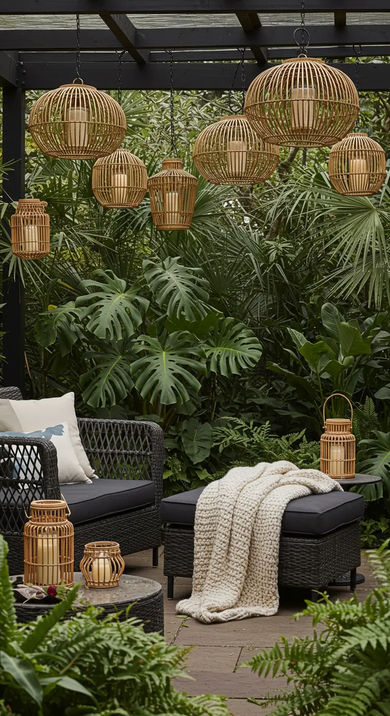 Porche con pérgola negra, muebles de ratán, vegetación tropical y lámparas colgantes de bambú.