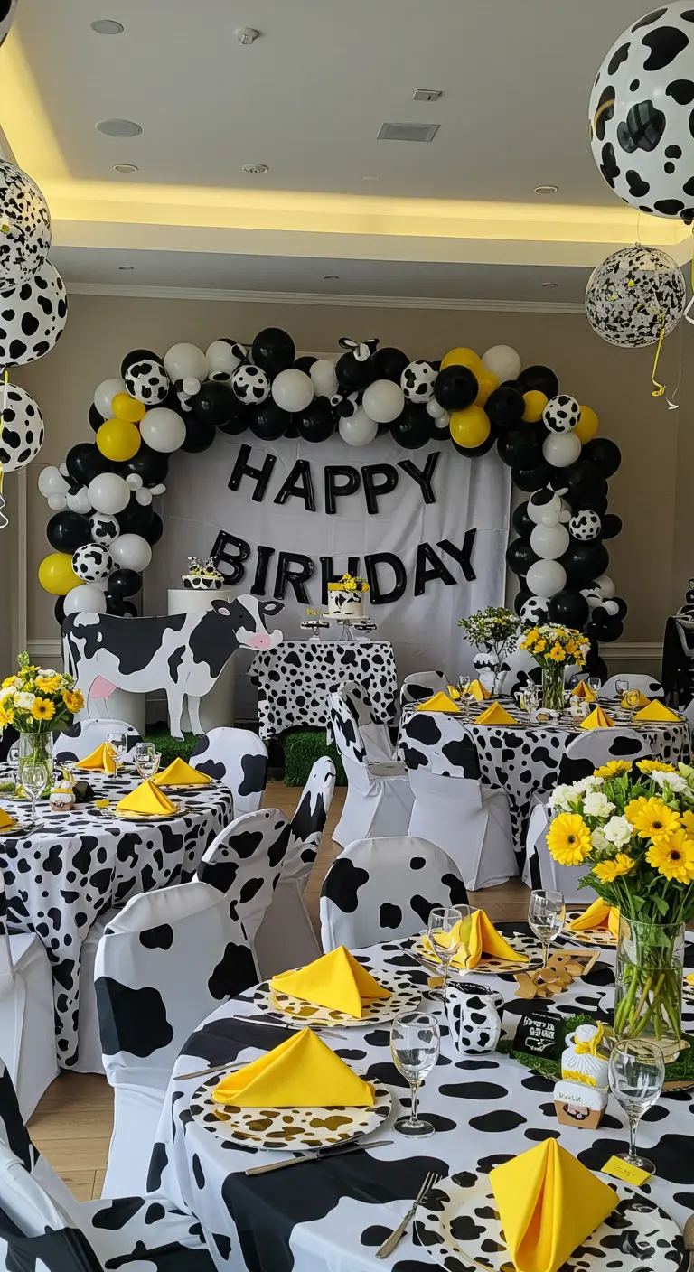 Salón de fiestas totalmente decorado con estampado de vaca en manteles, sillas y globos.
