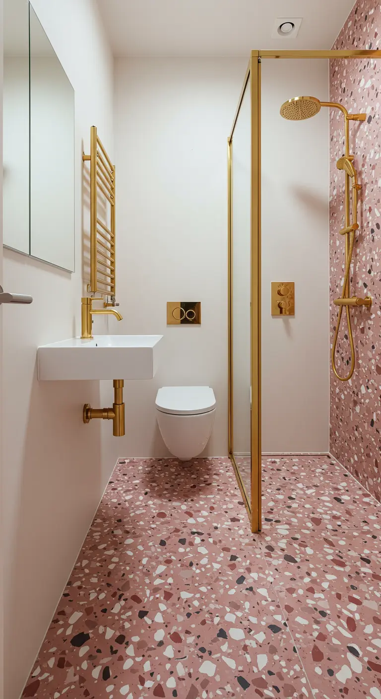 Baño moderno con terrazo rosa en suelo y pared, y mampara de ducha dorada.
