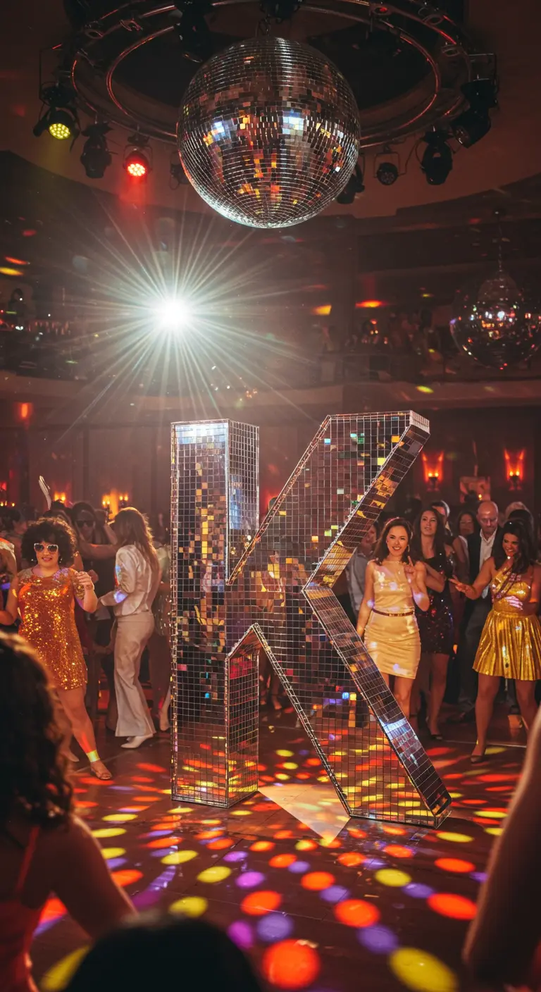 Letra 'K' gigante cubierta de espejos en una pista de baile con luces de colores.