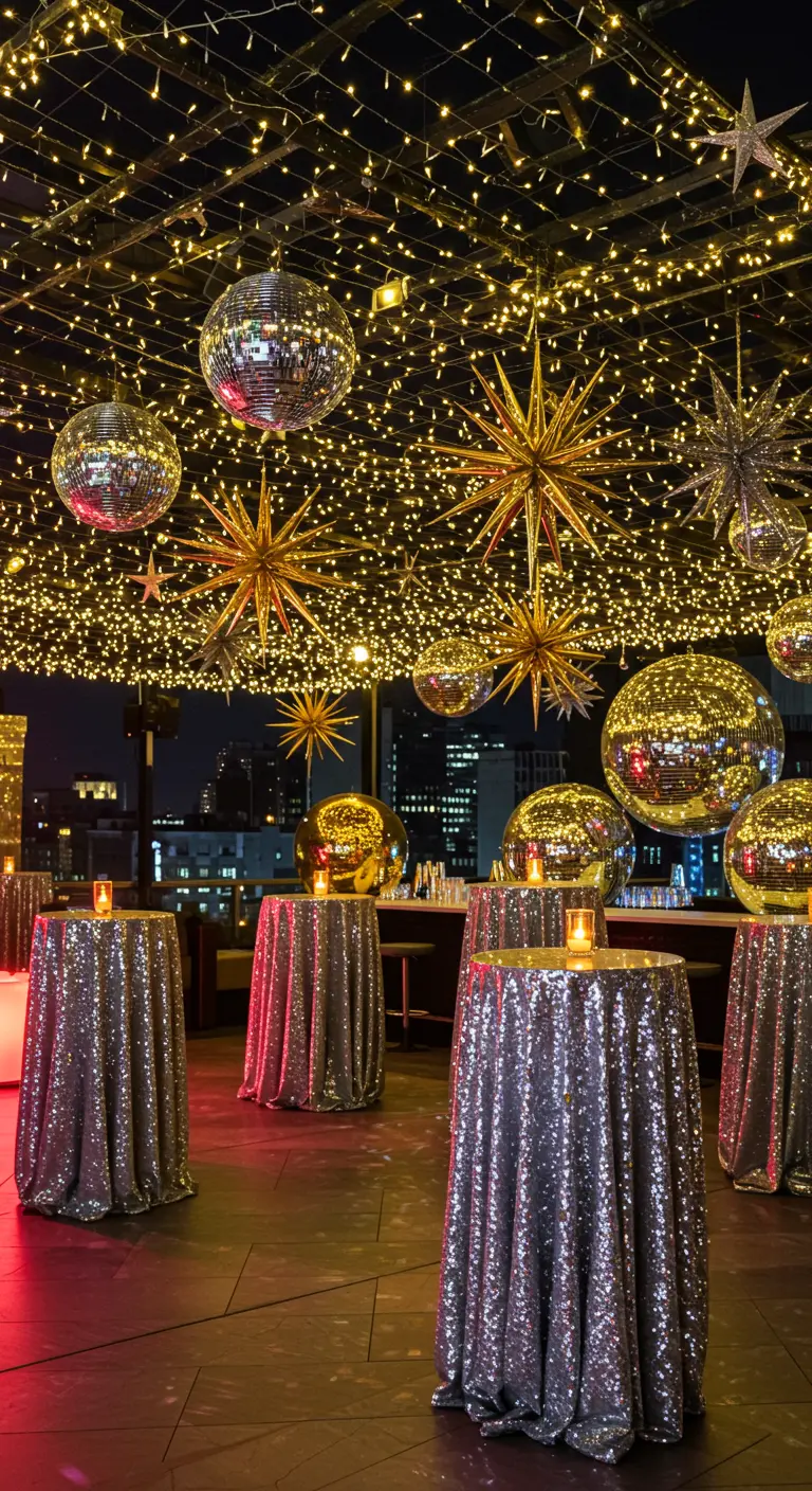 Techo decorado con bolas de discoteca, estrellas doradas y miles de luces cálidas.