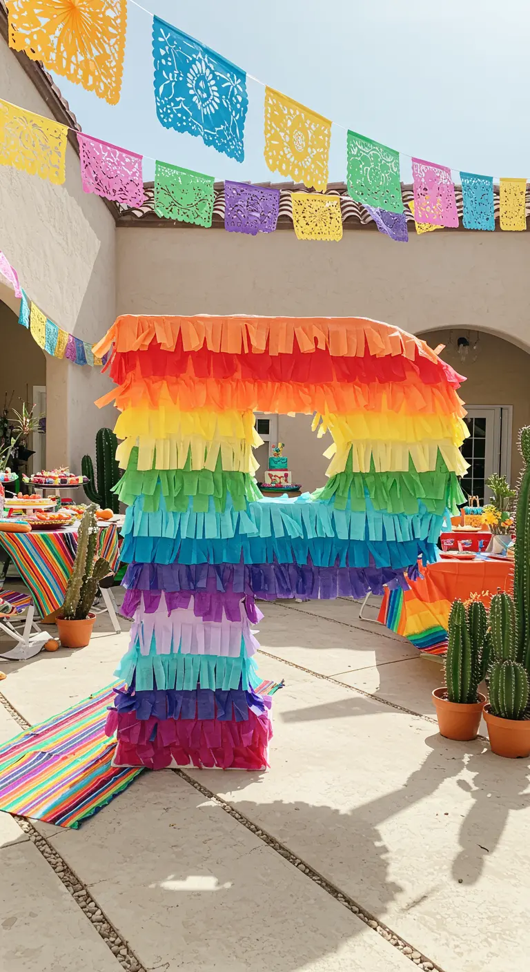 Letra 'P' gigante decorada como una piñata arcoíris en un patio con banderines.