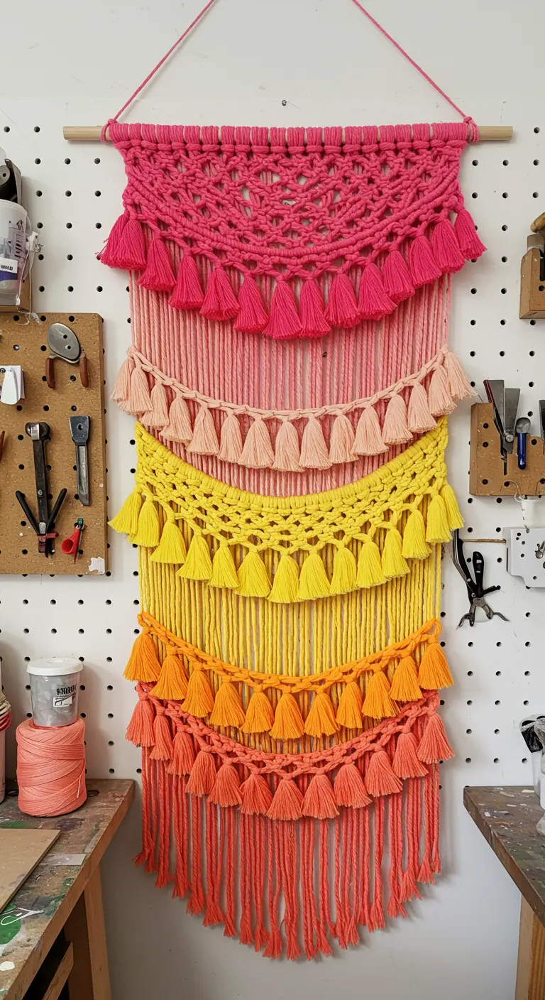 Tapiz de macramé con capas horizontales de colores fucsia, rosa, amarillo y naranja, con muchas borlas.