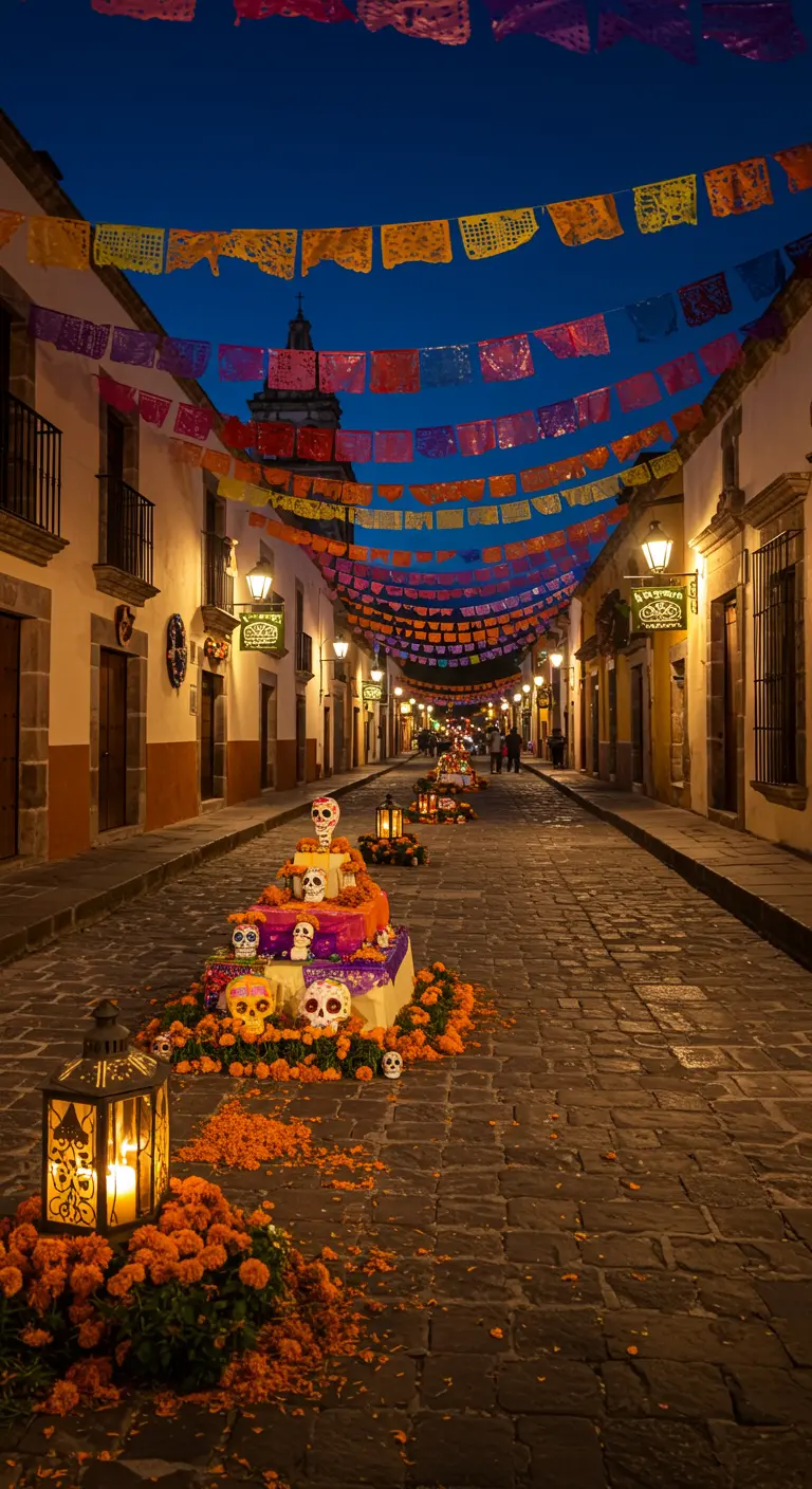 Calle adoquinada decorada con papel picado y altares del Día de los Muertos.