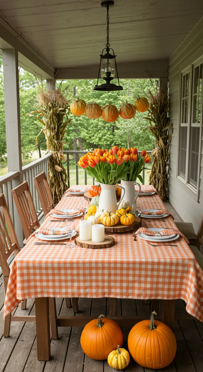 Mesa en un porche decorado para el otoño con calabazas, tulipanes naranjas y mantel de cuadros.