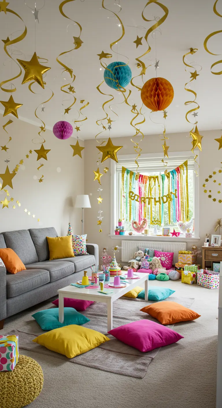 Salón decorado para una fiesta infantil con serpentinas, estrellas doradas y pompones.
