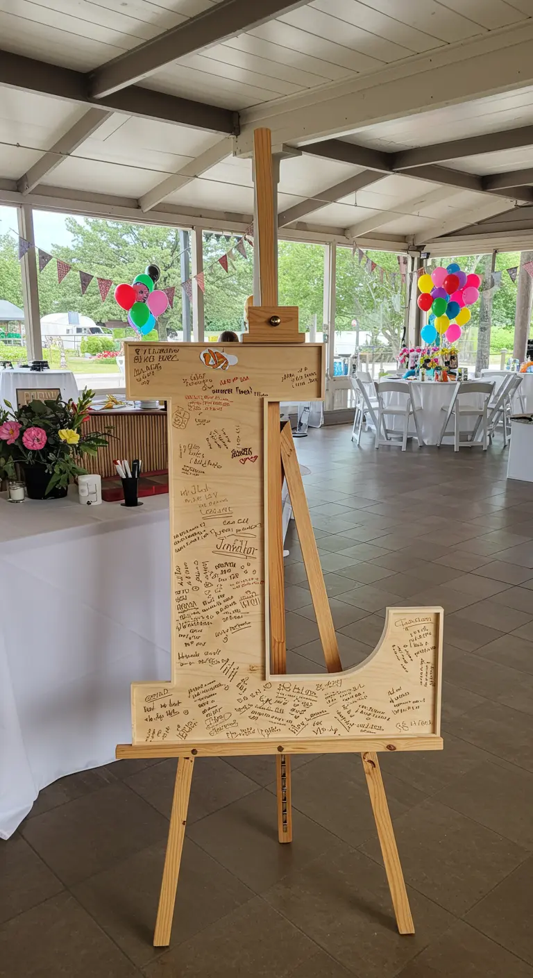 Letra 'L' de madera sobre un caballete, usada como libro de firmas en una fiesta.