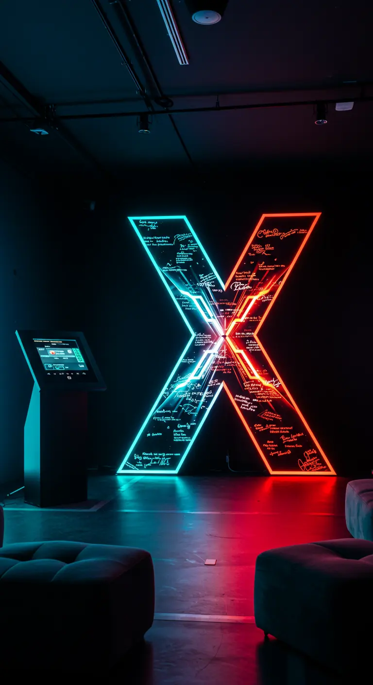 Letra 'X' gigante de neón interactiva con firmas luminosas en una sala oscura.