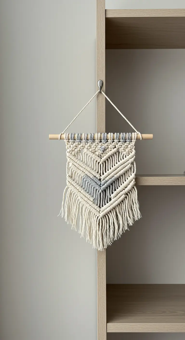 Pequeño tapiz de macramé con un patrón de chevron en color crudo y gris.