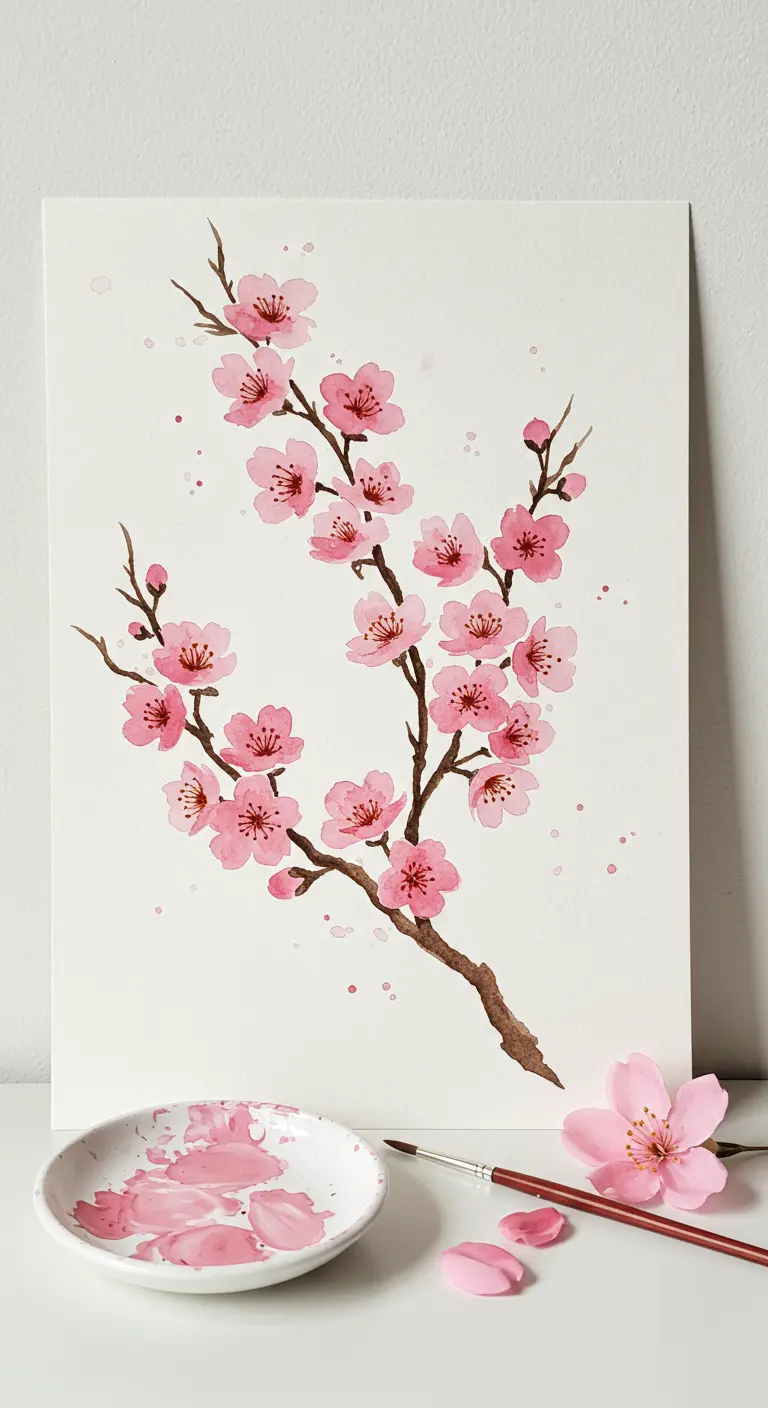 Acuarela de una rama de cerezo en flor con delicadas flores rosas y salpicaduras de pintura.